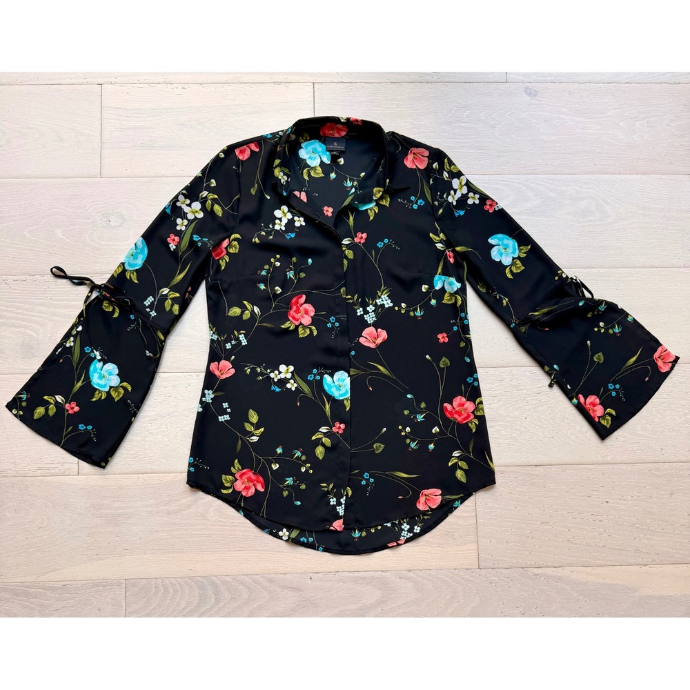 Worthington Floral Blouse Womens Size Small Black Bell Sleeve Career Office Top